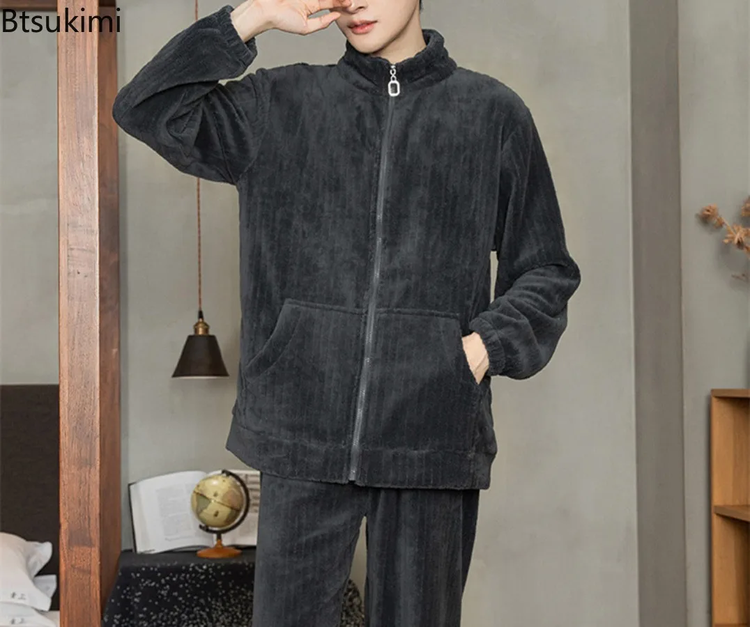 2024 Men's Winter Warm Pajama Sets Thickened Homewear for Men Coral Fleece Nightwear 2PCS Sets Warm Sleepwear Men's Home Clothes