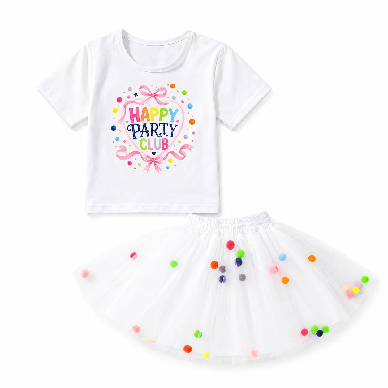 Kids Girls Birthday Party Outfit 2Pcs Set Happy Party Club Print Short Sleeve T-Shirt Colorful Pom Pom Fluffy White Tulle Tutu S