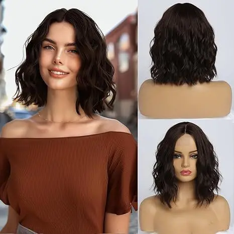 

European and American Women Synthetic Fiber Hair Cap Brown Middle Part Short Curly Wavy Hair Small Lace Wig for Daily Wear