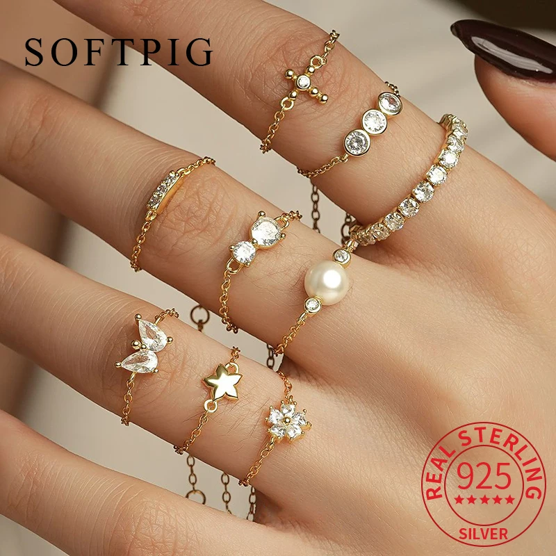 

SOFTPIG Real 925 Sterling Silver Star Zircon Chain Pearl Ring for Elegant Women Classic Fine Jewelry Butterfly Accessories