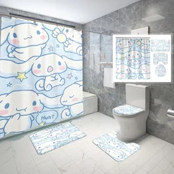 Cinnamoroll Waterproof Shower Curtain 4pcs Set Cartoon Kawaii Curtain with Non-Slip Rugs Toilet Lid Cover Bath Mat with Hooks