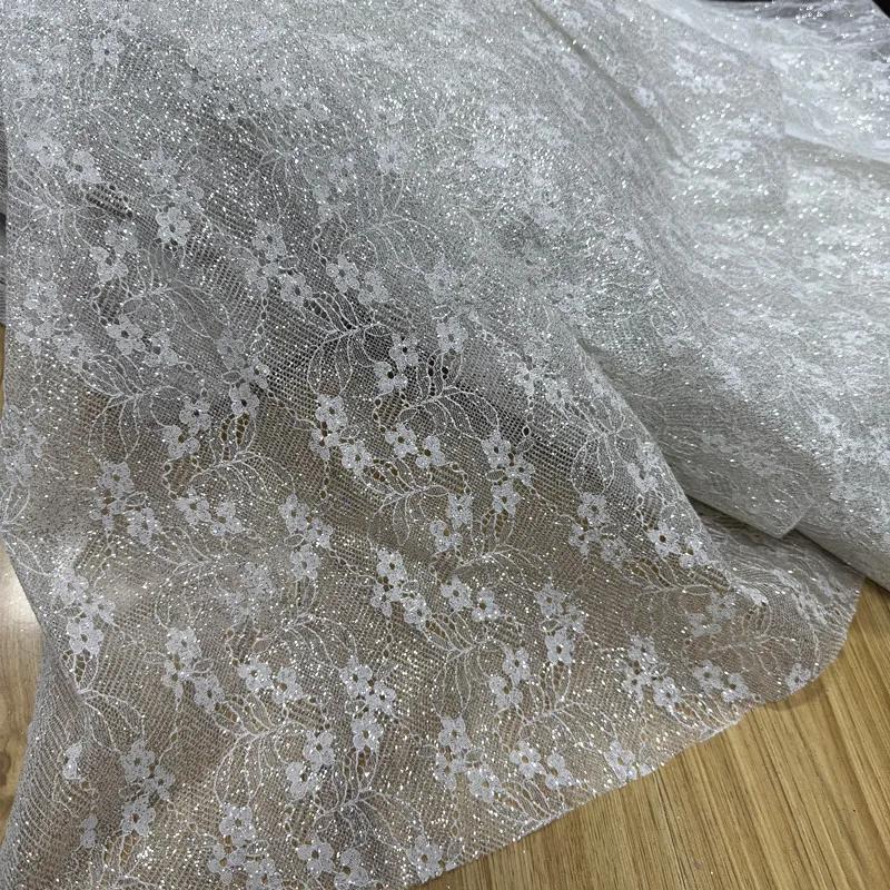 Small flower hot silver powder glitter mesh fabric for Wedding dress base design silvery lace cloth diy