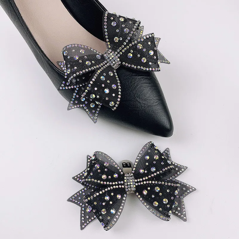 1/2Pcs Mesh Hot Diamond Bow Shoe Decorations Clip Shiny Rhinestone Bow Shoe Clips Bride Wedding High Heel Accessory Shoe Buckles