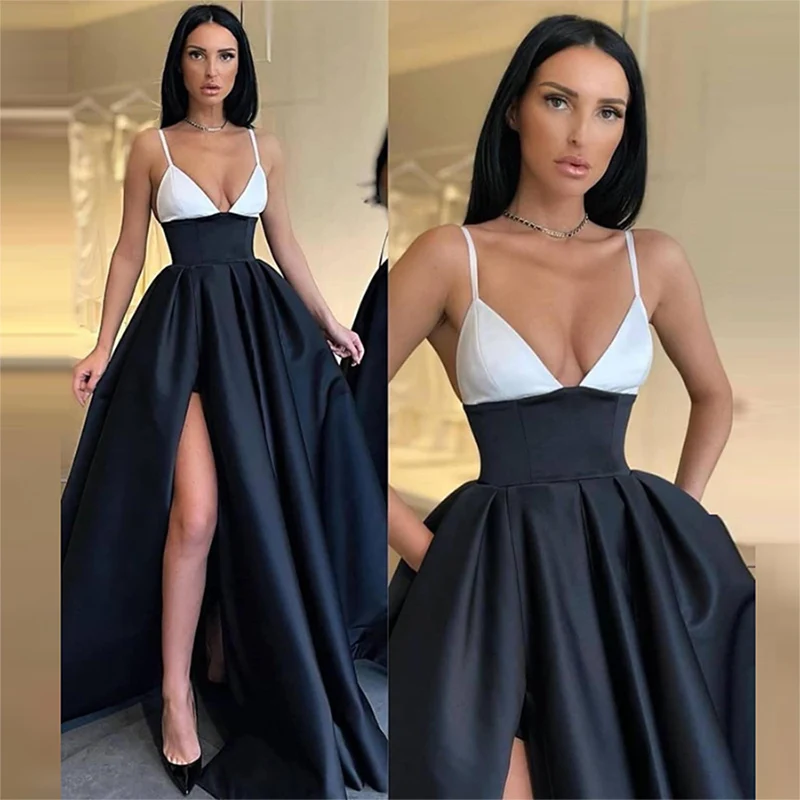 2025年 フロア丈 サテン フォーマルドレス ローブ スパゲッティストラップ セクシー ハイ スリット Aライン プロムドレス ホワイトとダークネイビー イブニングドレス