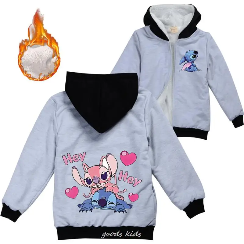 Lilo And Stitch Kids Jackets Boys Winter Thick Coats Warm Fur Outerwear For Youth Girls Hooded Jacket Children\'s Clothes 2-16Y