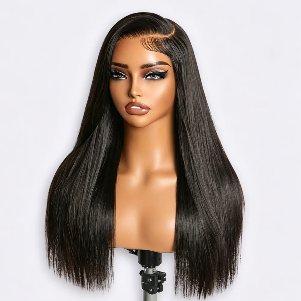 

Black Straight hair 26Inch Heat-Resistant 13x4x1 Lace Front Wig For Women With Synthetic Preplucked Glueless Baby Hair