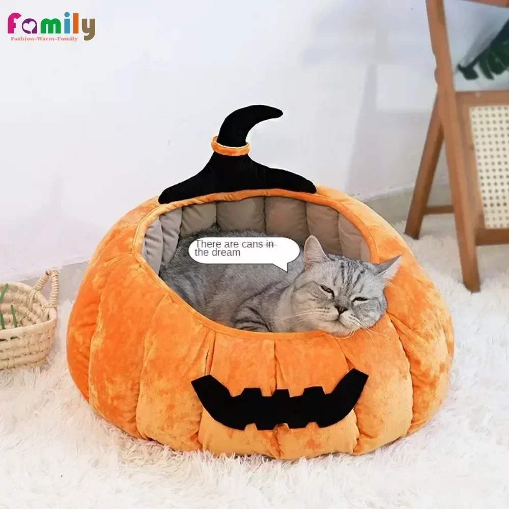 Cat Cushion Bed Halloween Pumpkin Cute Cat Nest Sofa Winter Pet Tent Cave Bed for Dogs Pet Supplies Kennel Cat House Soft Cozy