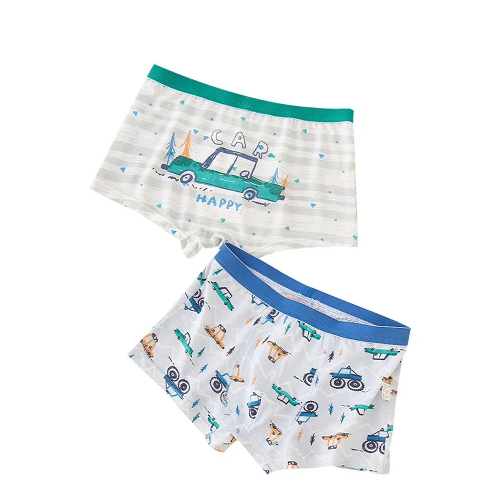 Boys' 4-Pack Printed Boxer Briefs Blue & White Color Scheme with Car & Shark Cartoon Designs Comfortable Underwear for Kids