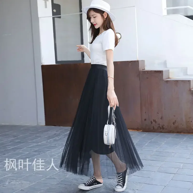wang sha qun Long Pleated Skirt High-Waisted A- line Skirt Woman Skirts Mujer Faldas Saias Mulher