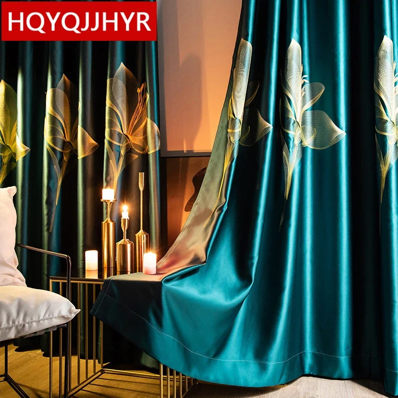 HQYQJJHYR Dark Green Blue Pink Gray Coffee High Quality Blackout Gold Thread Embroidery Curtains For Living Room Bedroom Study