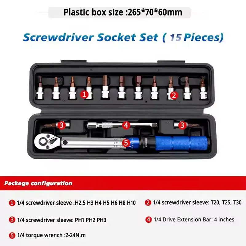 

For Road Bicycle Small Flywheel Repair with Case 16PCS Bike Torque Wrench Set 1-25Nm Pre-set Precision Ratchet Tool