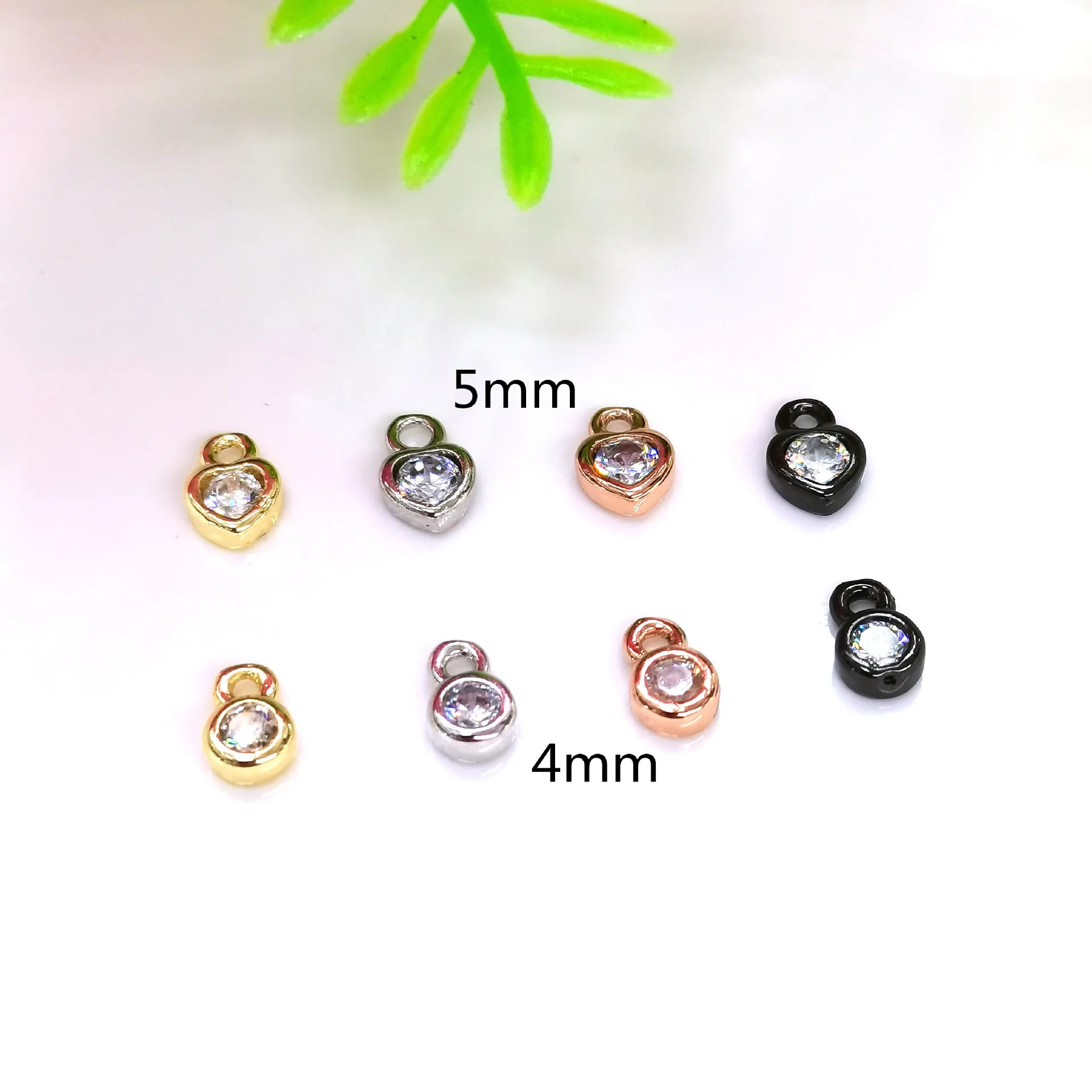 14K Rhinestone Embellished Round Heart Charm Tiny CZ Pendant Extended Chain Tail Drops 20 pcs