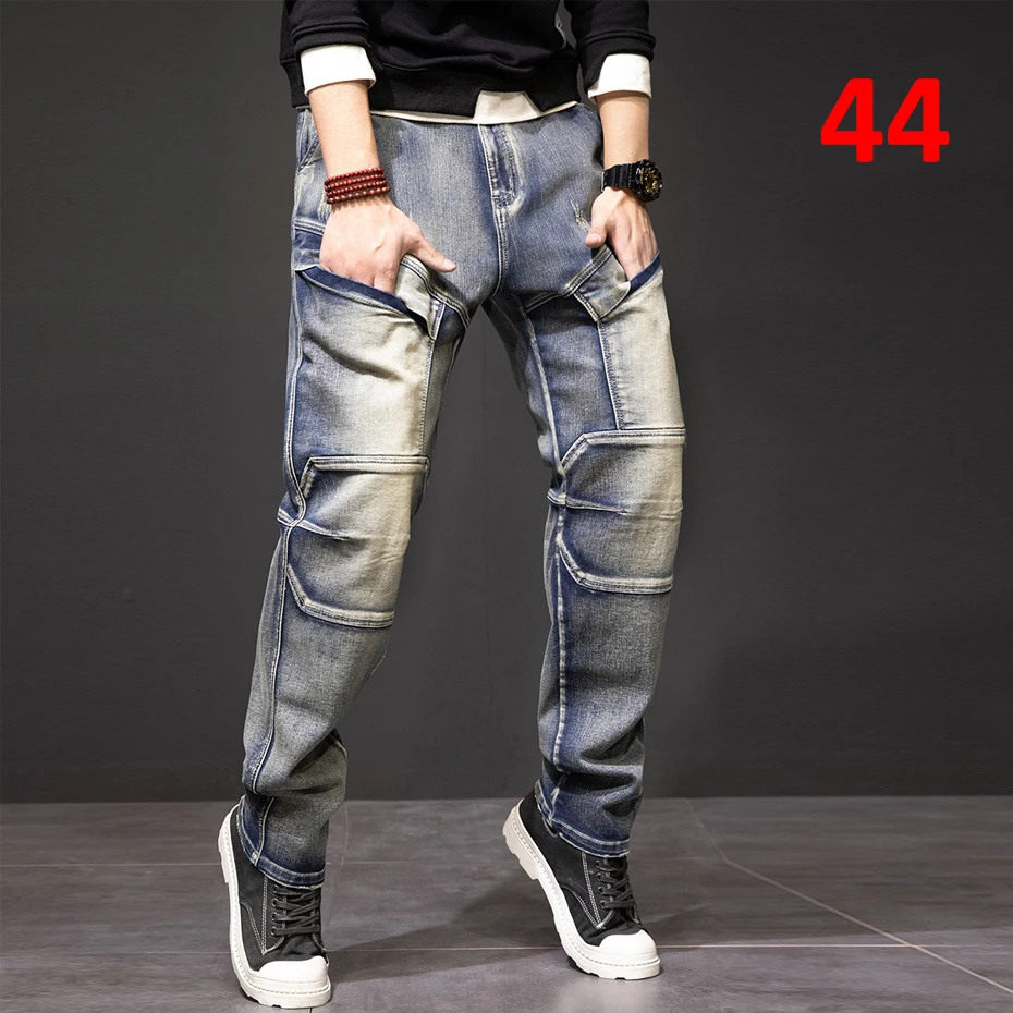 Vintage Punk Jeans Men Plus Size 40 44 Denim Pants Fashion Streetwear Cargo Jeans Pants Plus Size 40 44 Trousers Male Bottoms