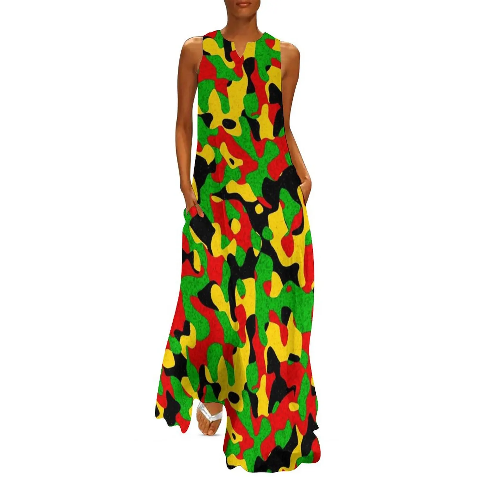 

Rastafari Camouflage Pattern Green Yellow red Black Long Dress women's summer jumpsuit Dress