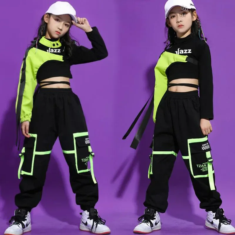 Streetwear pantaloni Cargo tattici per ragazze Costume da ballo Jazz abbigliamento bambini sala da ballo abbigliamento Hip Hop abiti Crop Top felpa