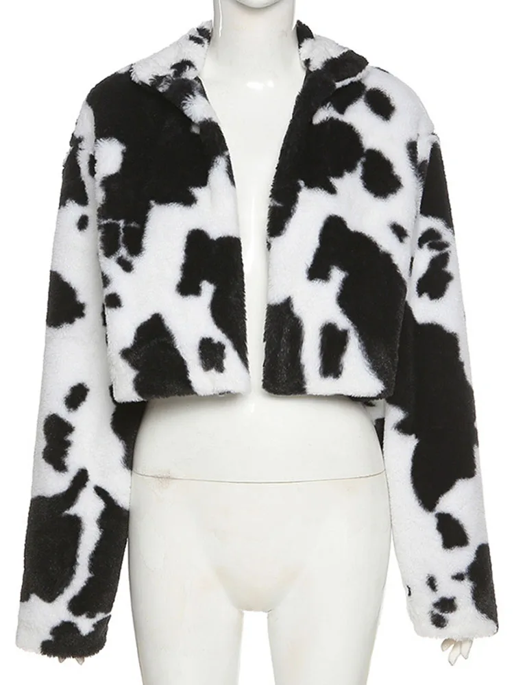 Faux Fur Coat Women Fashion Milk Cow Print Jacket Winter Thick Elegant Warm Fleece Cardigan Jacket Punk Gothic Crop Streetwear