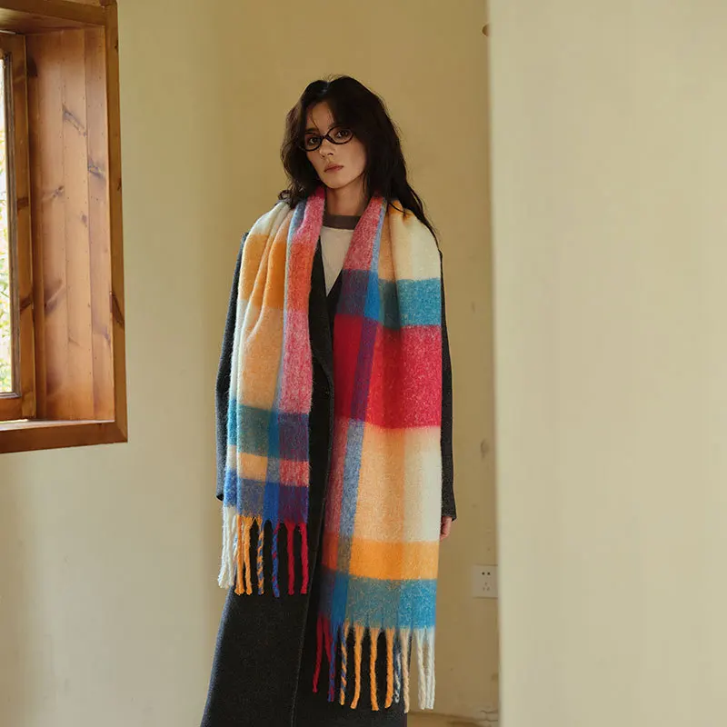 2024 new imitation cashmere colored striped contrasting soft plaid scarf thickened for warmth paired with a cold resistant shawl