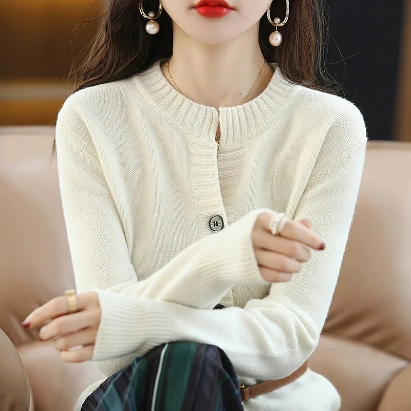 Ele Reine Baumwolle runde Ne Offene Strickjacke frauen Oberbekleidung Frühling Neue Sle Wolle Pullover Lange Sve Jaet Strickwaren