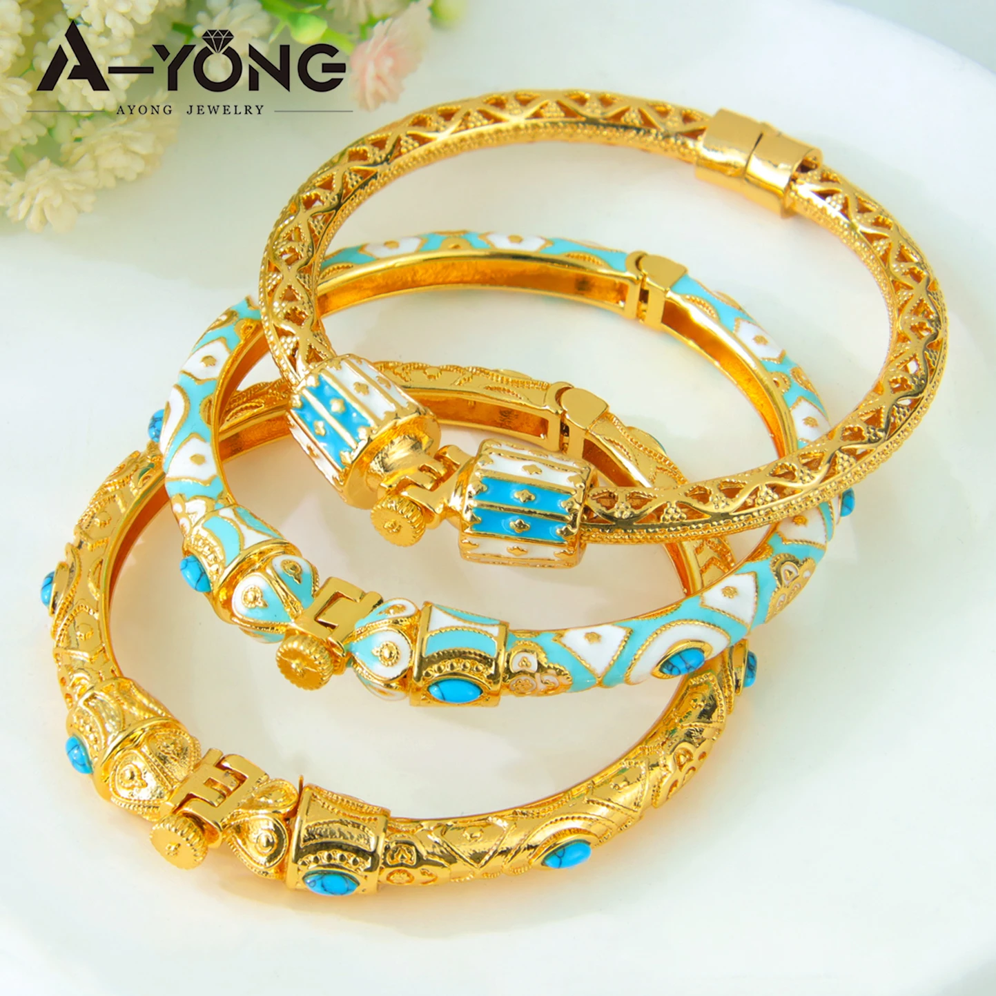 Dubai Vintage Gold Armband 21k vergoldet Mode Emaille Manschette Armreifen äthiopische Frauen Event Party Schmuck Geschenke – Detail 1
