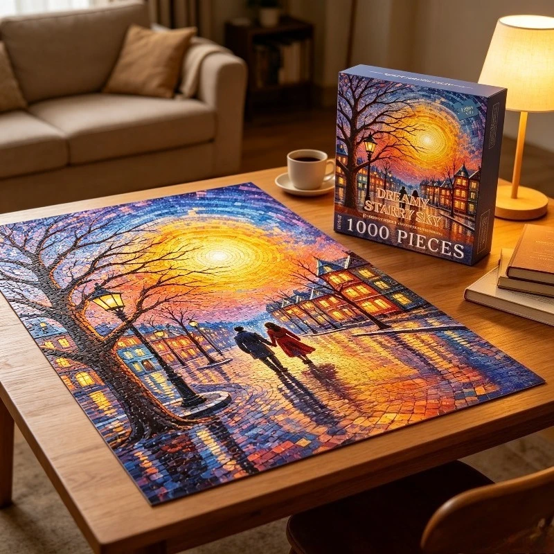 1000pcs Challenging Jigsaw Puzzle, Dreamy Starry Sky Couple Walking At Dusk Street, 70x50cm Large Artwork, No Partition On Back