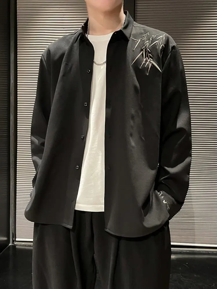 

New Chinese Sle Long Sve irt Men's High Collar Embroidered Bamboo Spring Faion Retro irt Youth ular Loose Fit