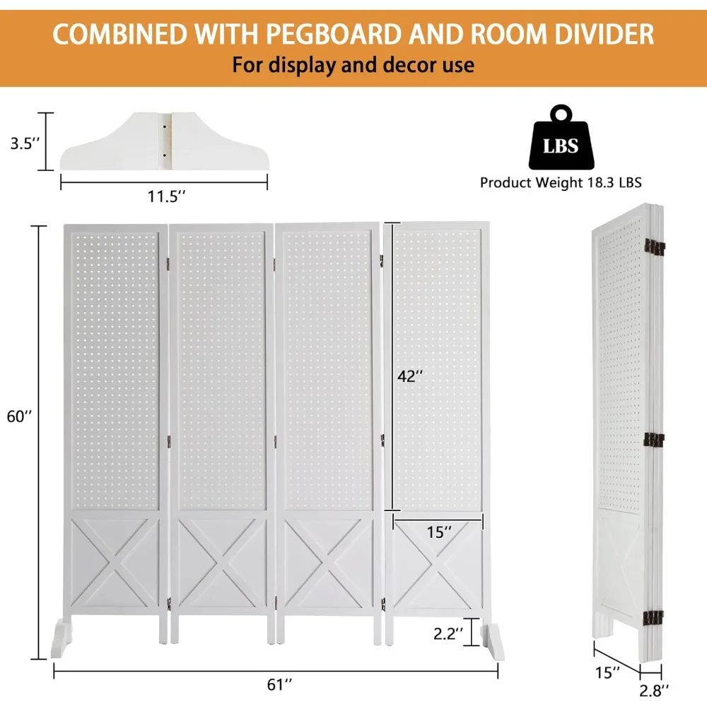 Freestanding Pegboard with Support Feet, 5 FT Wood Room Divider Display Board Organizer, Folding Privacy Screen Partition Space