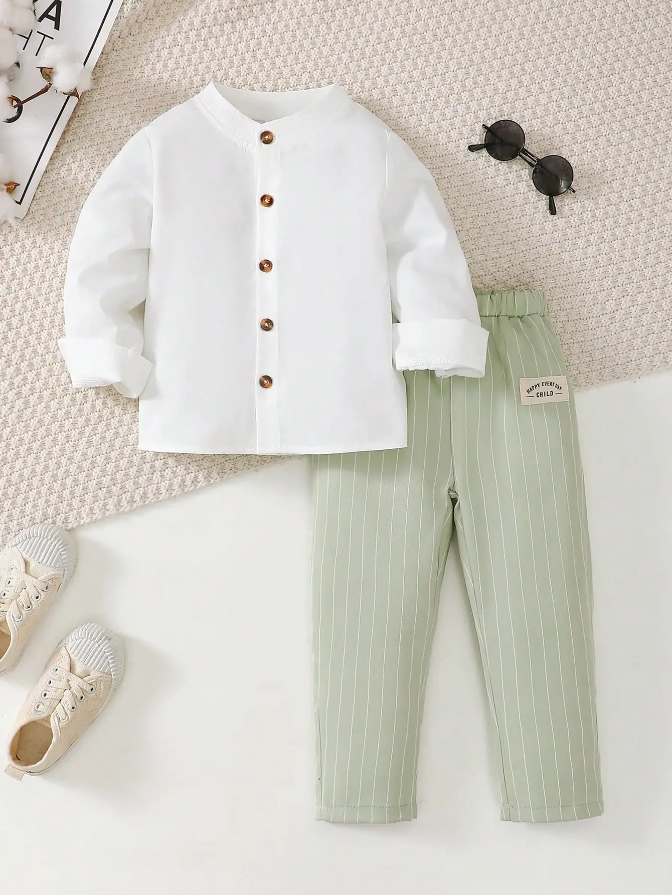 Spring and Autumn Boys' Trendy Casual Back-To-School Long-Sleeve Stand-Collar Shirt & Striped Trousers. Boys' Children's Clothing Suitable for Daily Casual Wear, School, Outings, Parties, Weddings, Performances, Photography, Back-To-School Season, Middle Eastern Ramadan Children's Clothing