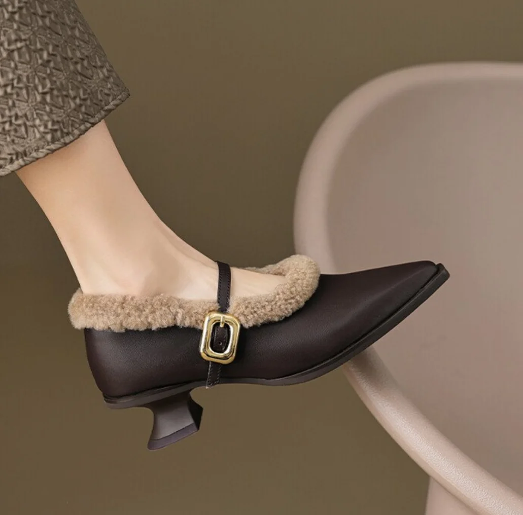 Elegant Metal Buckle Mary Janes Woman Chic Brand Design Fur Women Low Heel Dress Shoes Ladies Winter Warm Plush Belt Pump Zapato