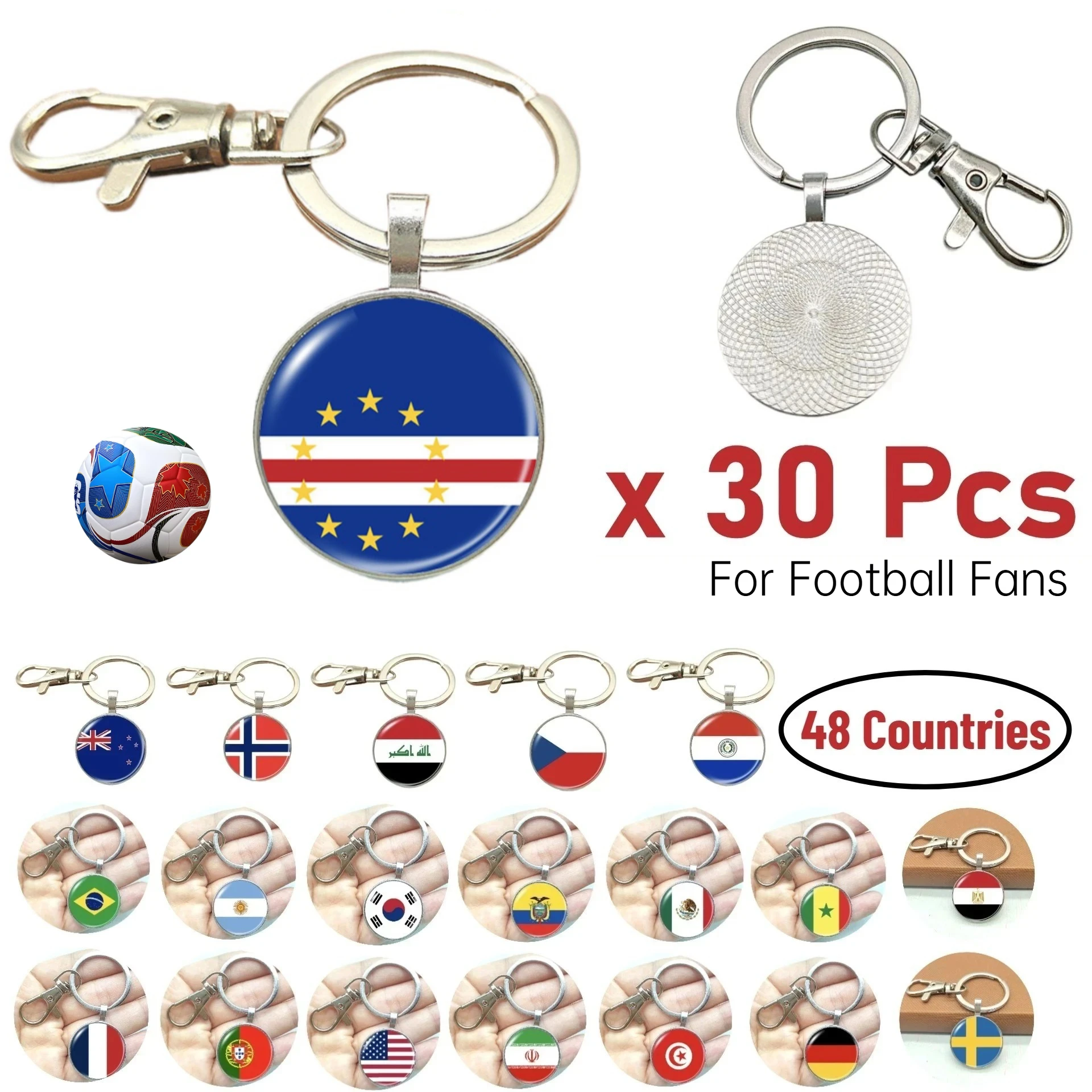 

30 Pcs 48 Countries National Flag Keychain 25mm Diameter Pendant with Lobster Clasp and Key Ring for Football Fans