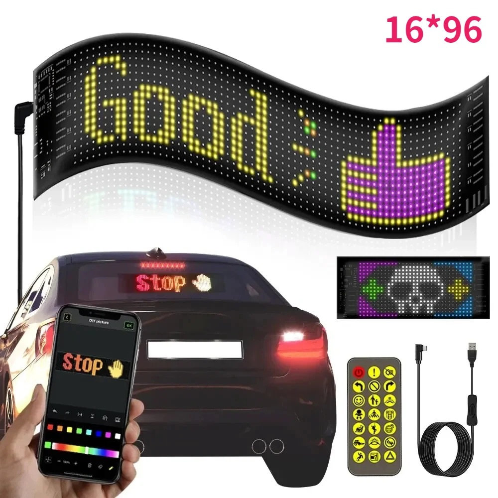 

LED Pixel Soft Display Scrolling Led Matrix Panel 16*96 USB 5V Programmable APP Control Text Pattern Cartoon for Car Window Ad.