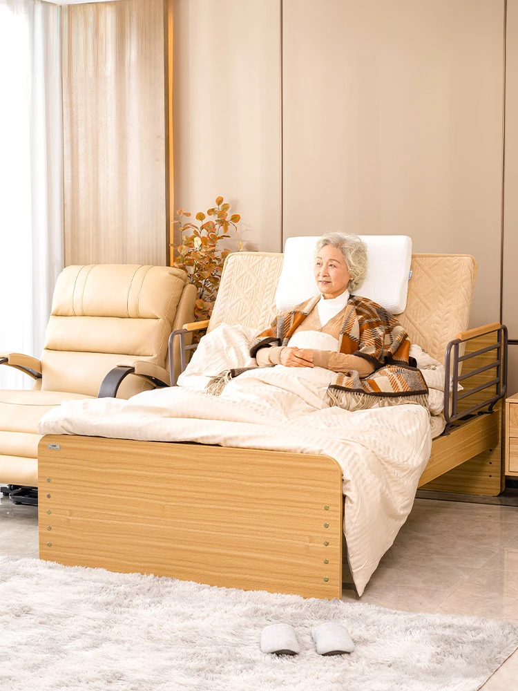 Elderly care electric bed with multifunctional guardrail for household use