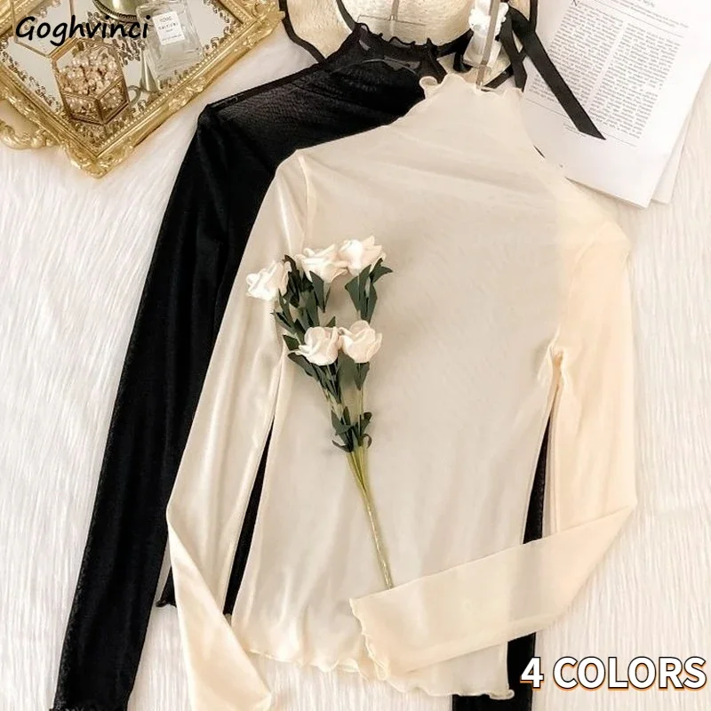 

Blouses Women Summer Fashion Slim Pile Collar Simple Solid Stretchy Long Sleeve Tops Korean Style All-match Edible Tree Fungus
