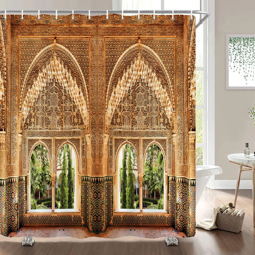 Łazienka Wodoodporna Zasłona Prysznicowa Poliester 3D Nordic Maroccan style Arch Landscape Printing Home Decoration Curtain with Hook