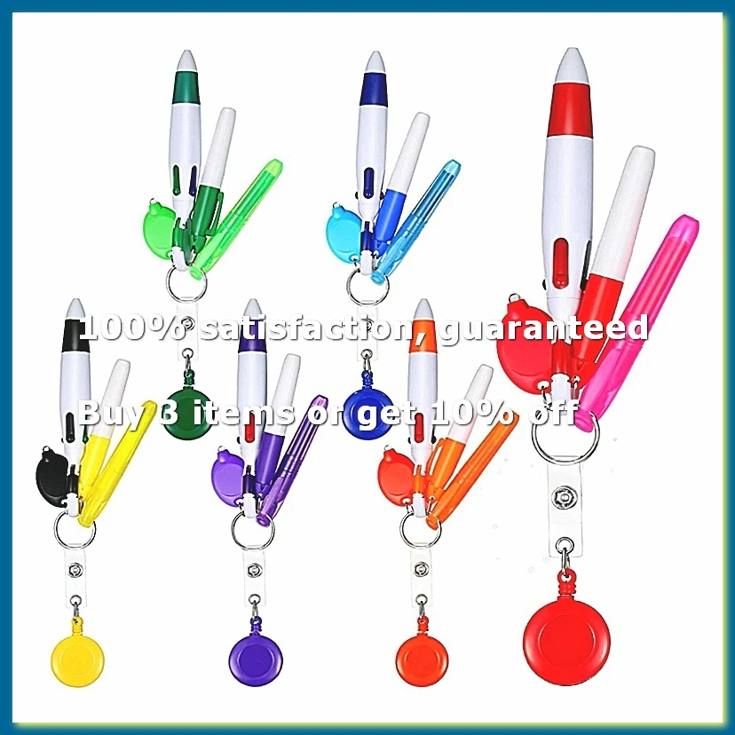 6Pack Badge Reel Pen Retractable Pens Clip with Mini Highlighter Nurse Pens Neon Marker Pen LED Keychain Key Ring-A56M