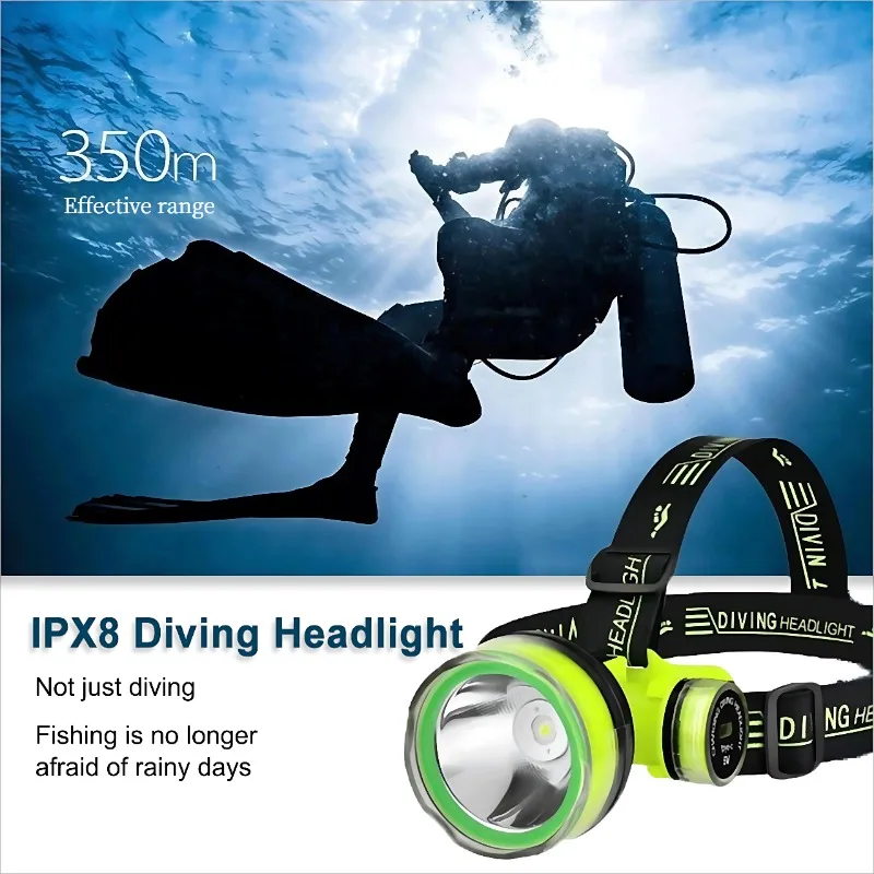 IPX8 Diving Headlight USB Rechargeable LED Handlamp 350m Professional Waterproof Lights for Outdoor diving Fishing Flashlight