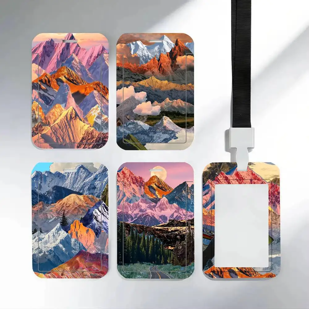Mountain Winter Clouds Clear ID Card Holder Lanyard Neck Strap Badge Case Door Credit Card Protector Daily Gift
