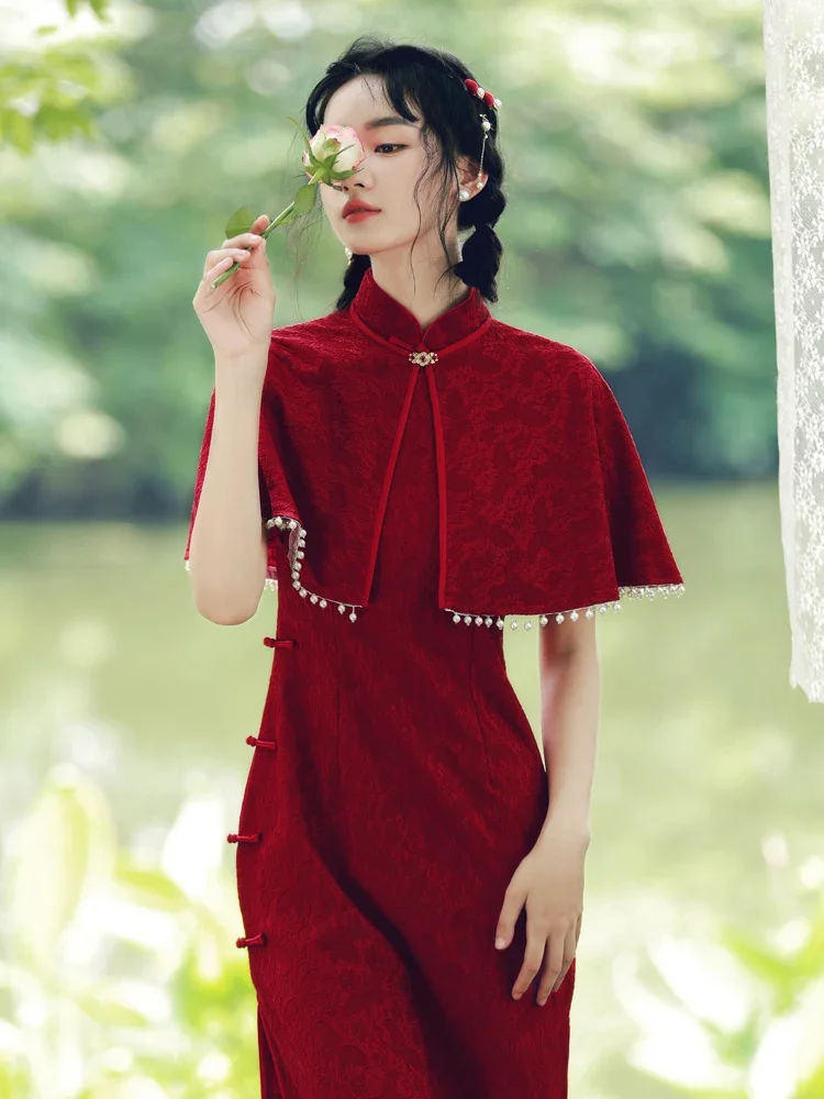 

Dress Women's Loose Retro Chinese Short-Sleeping Cheongsam Young Dress Burgundy Long Summer Fashion All-Matching Casual Slim Fit