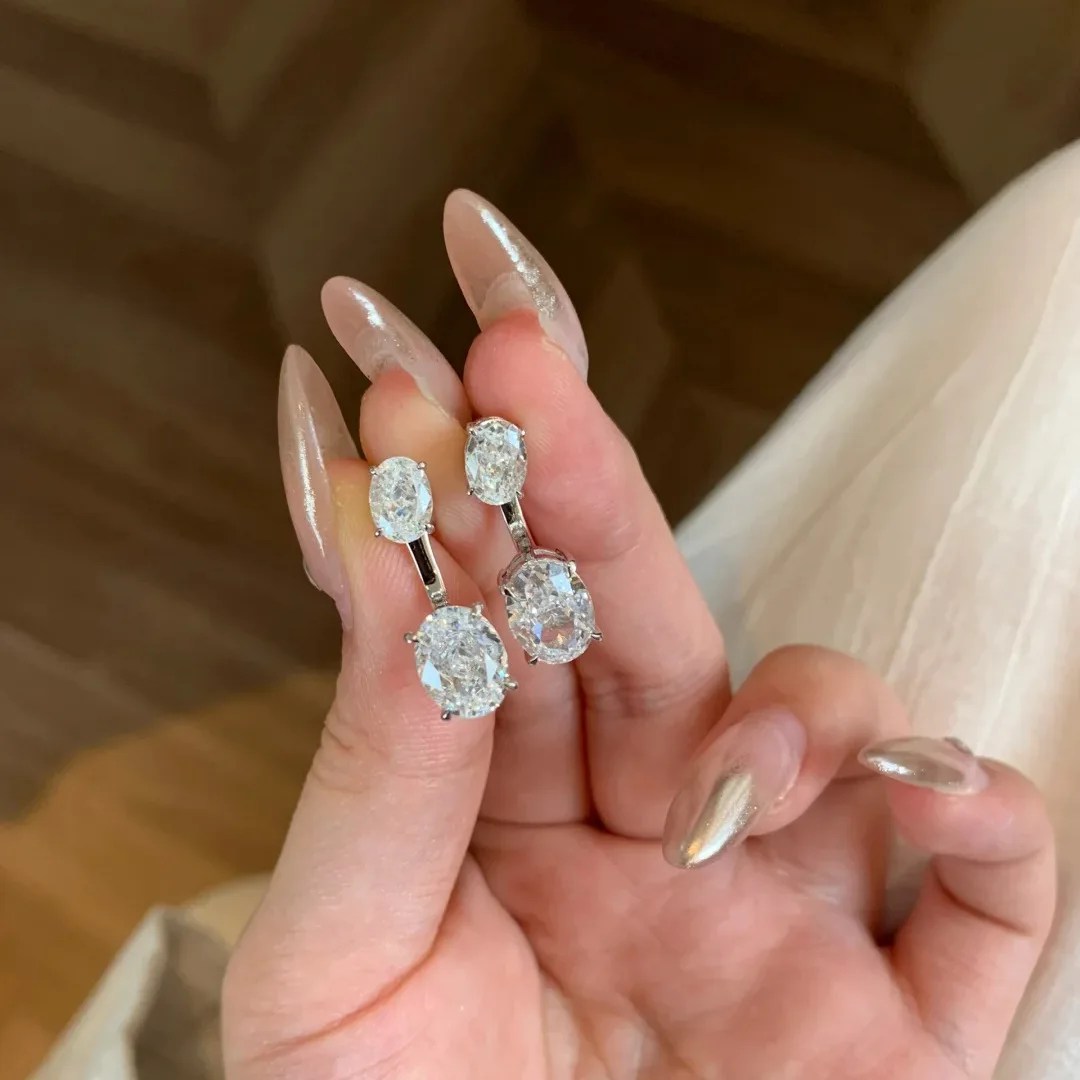 925 Sterling Silver Light Luxury Two-way Wear Back-hung Pigeon Egg Stud Earrings, Fashion Versatile Inlaid High-carbon Diamonds