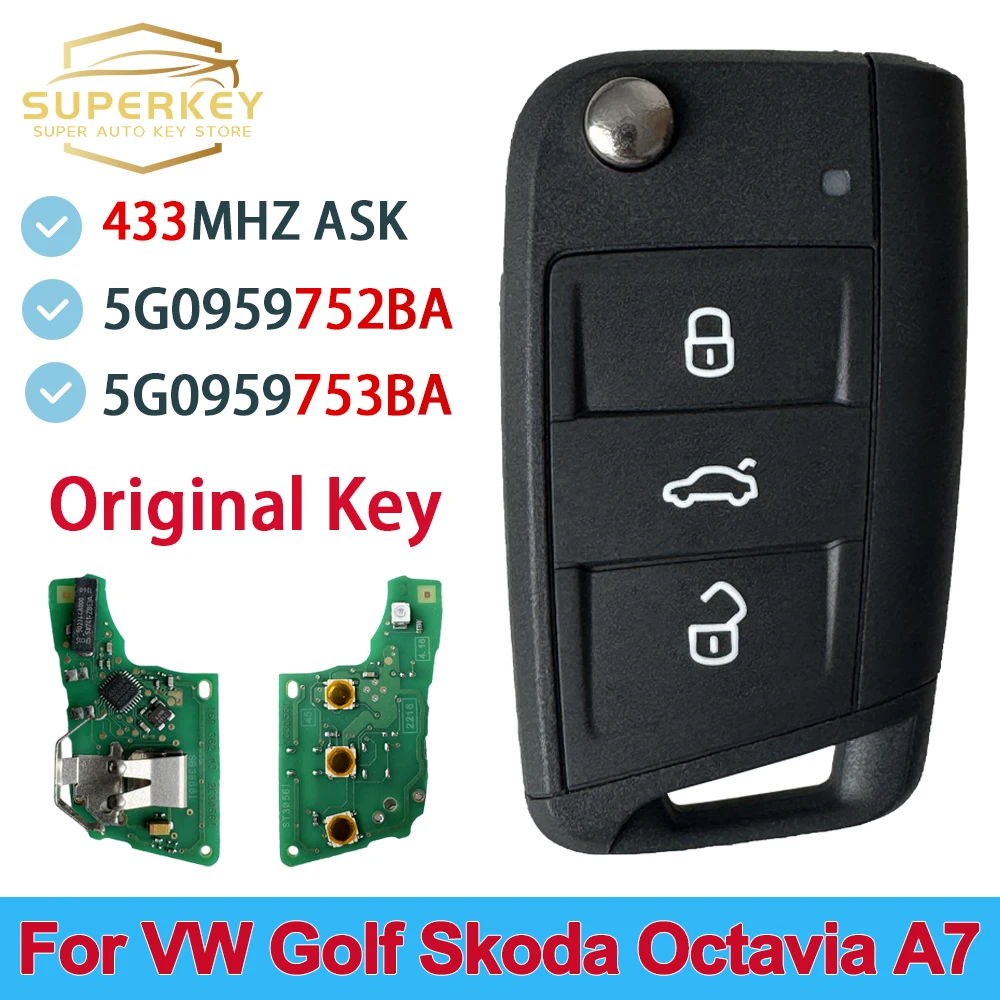 SUPERKEY 5G0959752BA Original OEM For VW Golf 7 For Skoda Octavia A7 434MHz MQB48 Half Keyless Remote Car Key Fob 5G0959753BA