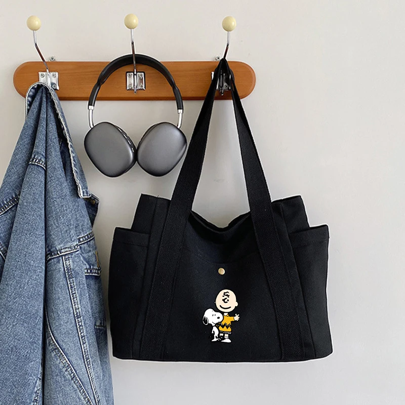 

Kawaii New Snoopy Women Bag Canvas Shopping Handbag Lightweight Anime Cartoon Girls Multiple Pockets Underarm Tote Travel Pouch