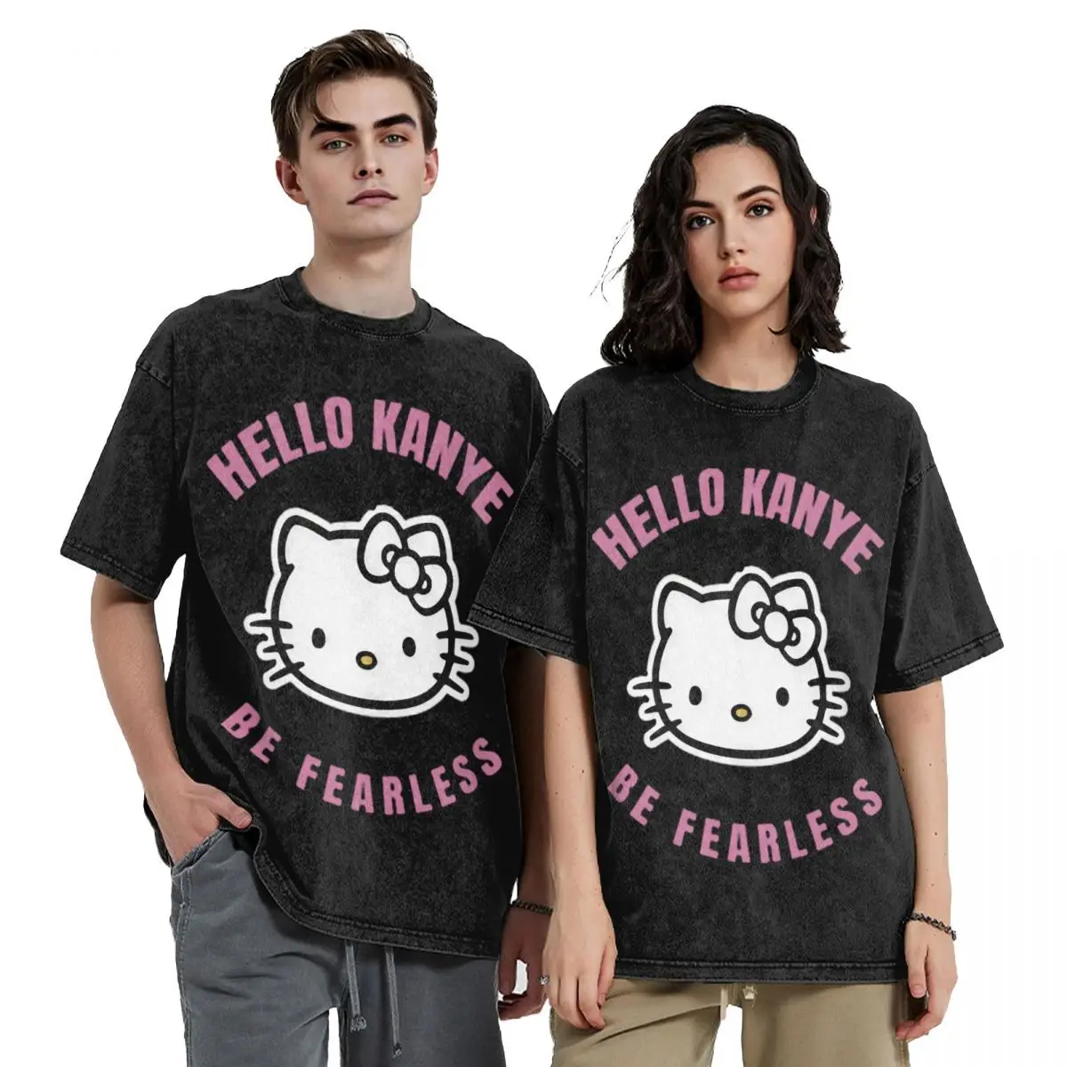 Printed Kanye West Hello Be Fearless T Shirts Merch Men Women Hello Kitty Washed Tee Shirt Oversize T-shirts