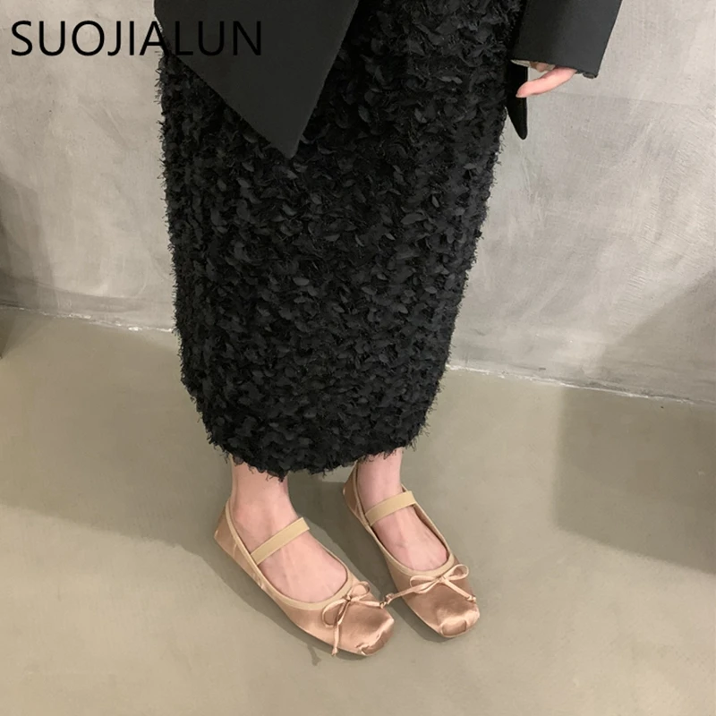 SUOJIALUN 2023 Autumn Women Flat Shoes Fashion Skin Ladies Elegant Shallow Round Toe Ballet Shoes Soft Casual Flat Dress Mary Ja