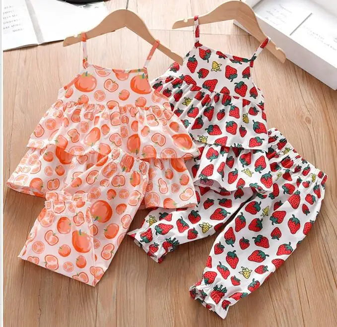 2024 Children Girls Summer Clothing Suits Baby Girl Fashion Printed Floral  Sling Tops +  Pants 2pcs Clothing Sets