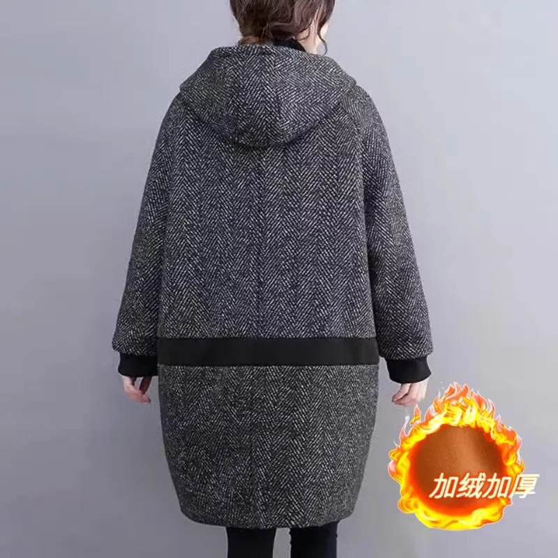 6XL 7XL Large Size Women Windbreaker Autumn Winter Thick Plush Warm Coats Korean Loose Hooded Long Wool Overcoat Female Cardigan