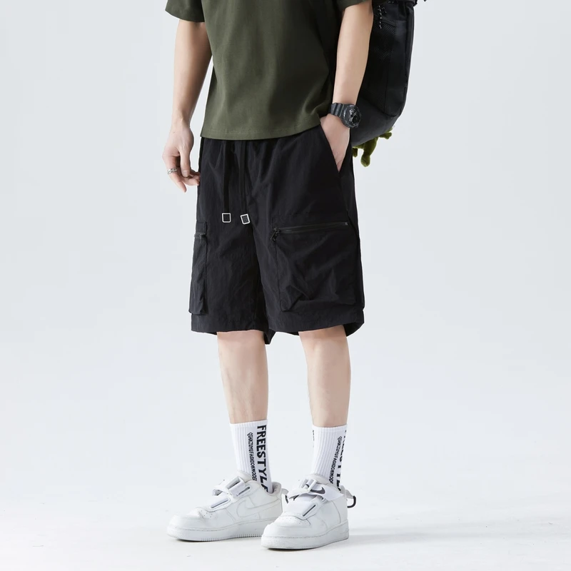 Men's Summer Elastic High Waist Solid Pockets Casual Workwear Sports Loose Trousers Fashion England Style Vintage Shorts
