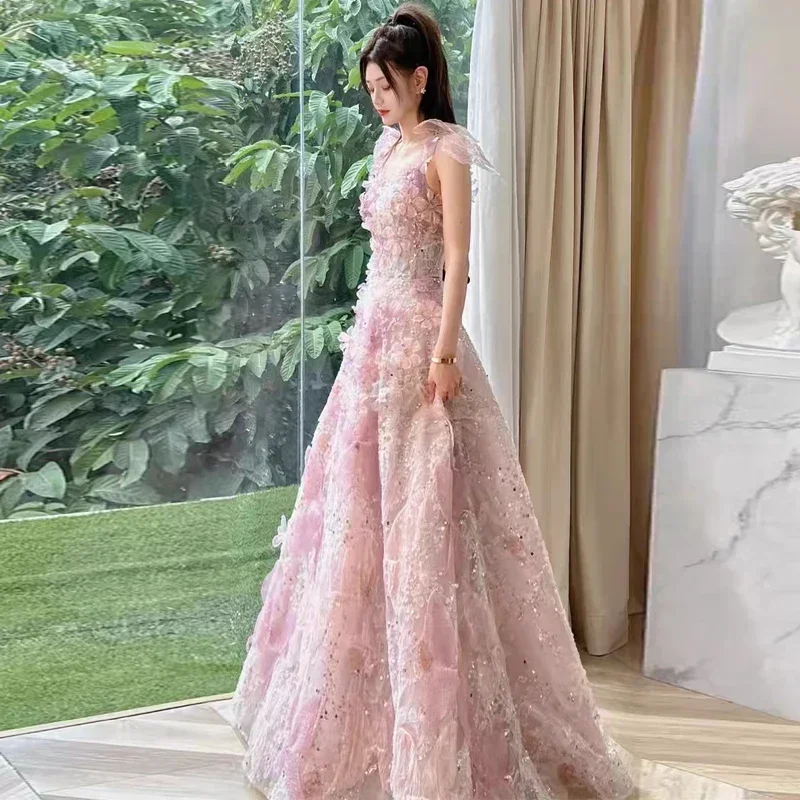 YOSIMI Summer Pink Sequin 3D Floral Embroidery Full Length Sleeveless Princess Mesh Dress Women Evening Party Long Wedding Dress