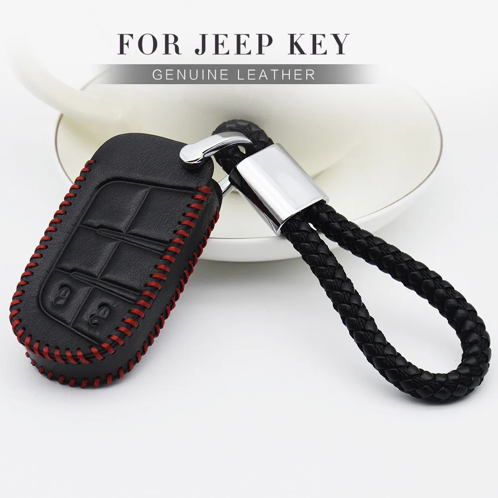 Leather Car Key Case Cover For Jeep Renegade Grand Cherokee Wk2 Wrangler Jk Jl Compass Key Fob Cover Holder Keychain Accessories