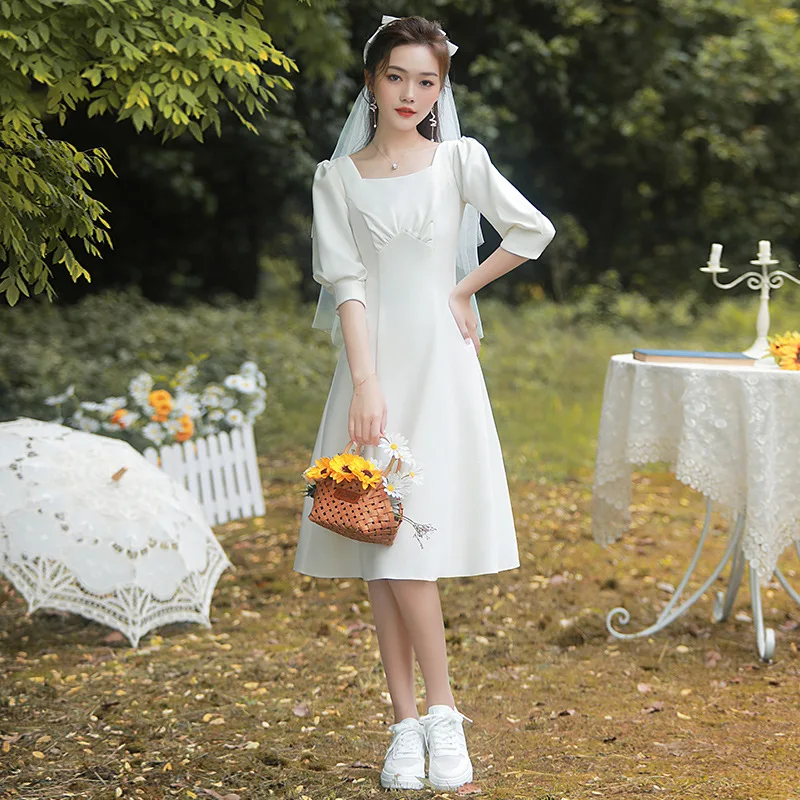 

White Sexy Square Collar Lantern Sleeve Back Zipper A-Line Evening Dress Women Formal Gowns Robe De Soiree Cheongsam