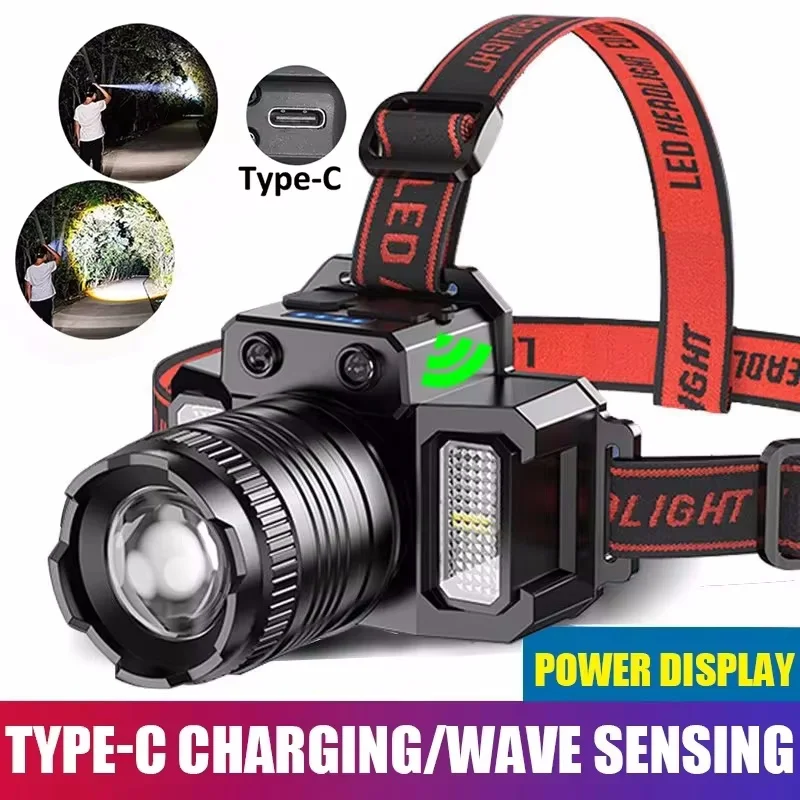 

LED Sensor Headlamp Camping Search Light Head Flashlight Rechargeable Powerful Head Lamp Lanterns Power Display Headlights