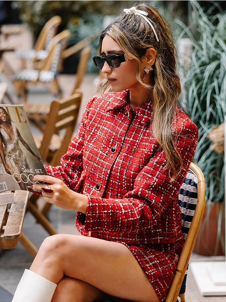 Elegant Tweed Coat Mini Skirts Women 2 Pcs Set Red Button Pocket Lapel Jacket High Waist Zipper Mini Culottes Christmas Outfits